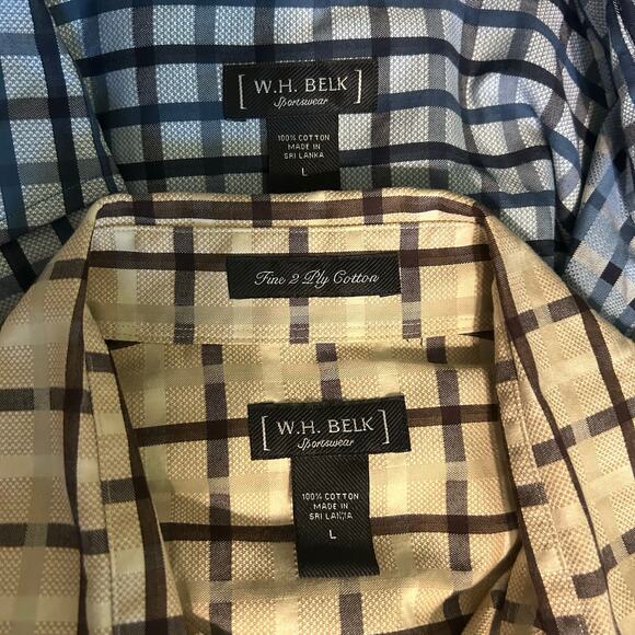 W.H. Belk Sportswear Lot of 2 Long Sleeve LG Button Down Shirt Brown Blue Plaid - Picture 8 of 14